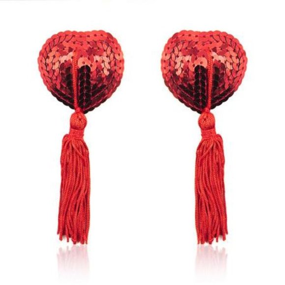 Sequin Heart Pasties with Tassels in Red - Picture 1 of 1